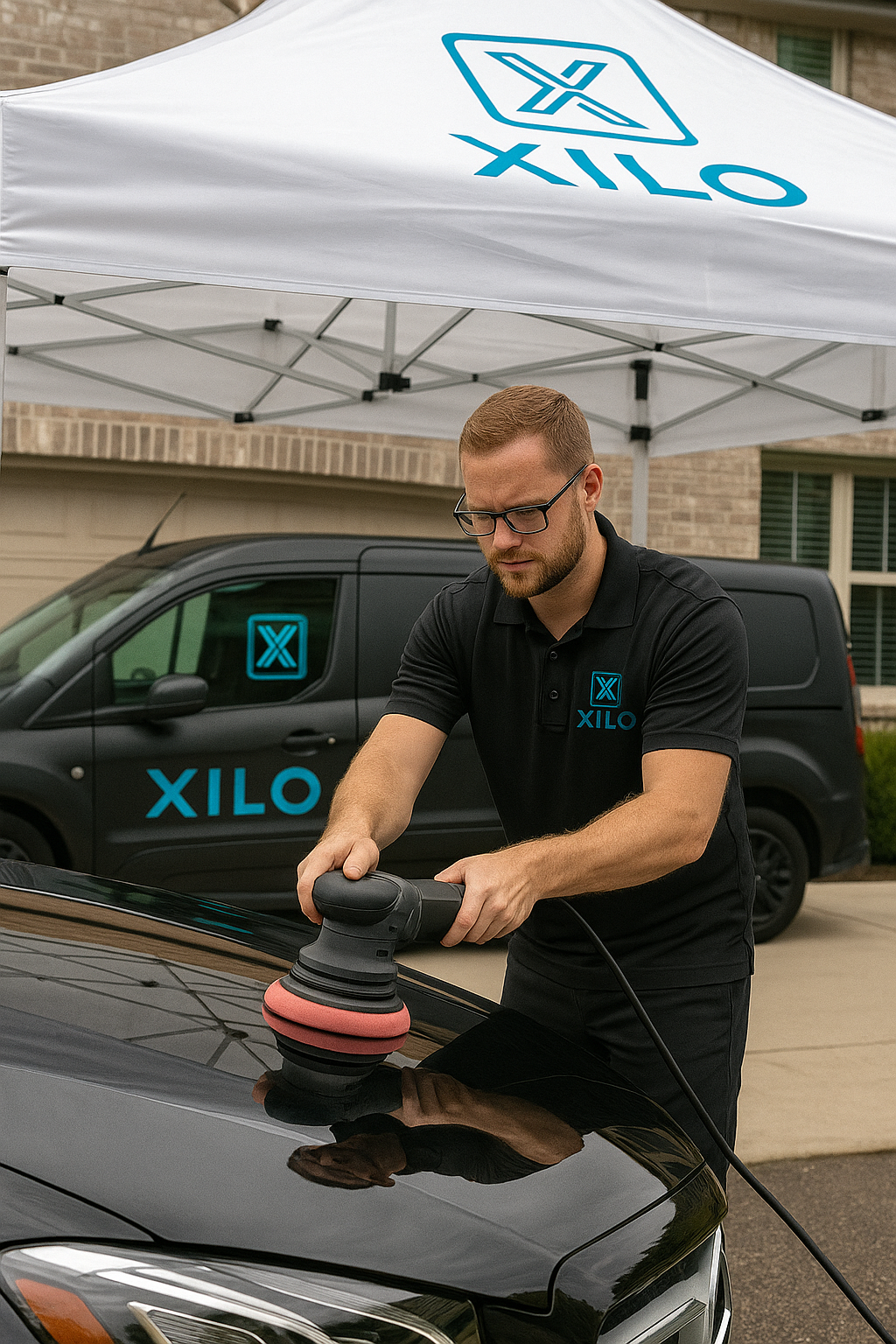 XILO detailer polishing vehicle under canopy